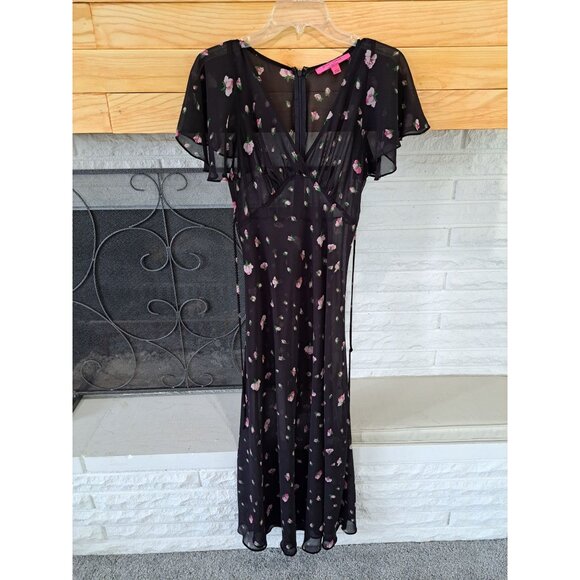 Betsey Johnson X Urban Outfitters Black Floral Maxi Dress Flutter Sleeves Small - Picture 3 of 11